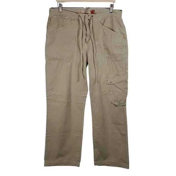Retro Y2K Guess Jeans Cargo Pants Womens 32 Khaki Flare-Leg Baggy Drawstring - Picture 1 of 10